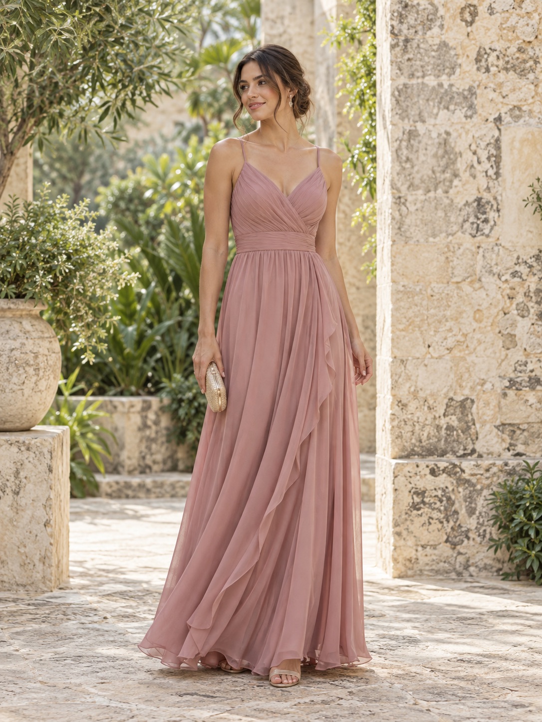Ejemplo ilustrativo de vestido largo rosa suave para una boda de jardín